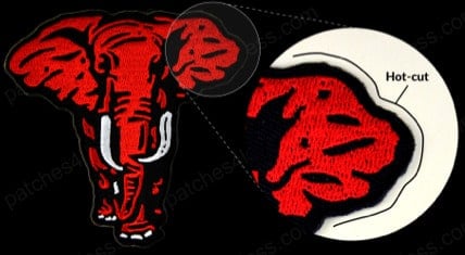 Three embroidered patches with hot cut borders. From left to right: a bulldog head with a spiked collar, a red elephant head with white tusks, and a record player with a bird singing on the record