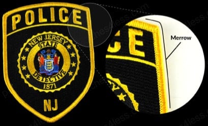 Three embroidered patches with merrow borders. From left to right: a round patch with the text Rising Stars The Home Depot Alumni, a shield-shaped patch with the text Police NJ and New Jersey State Detective 1871, and a square patch with an owl and the letters AOE.