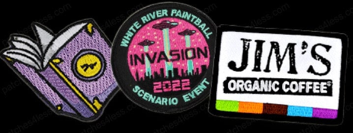 Three embroidered patches arranged side by side. From left to right: an open book with a purple cover, a round patch with 'White River Paintball Invasion 2022 Scenario Event' text and UFO design, and a rectangular patch with 'Jim's Organic Coffee' text and colorful stripes.