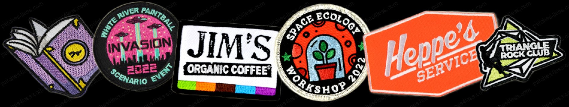 A variety of embroidered patches arranged in a row. From left to right: an open book with a purple cover, a round patch with 'White River Paintball Invasion 2022 Scenario Event' text and UFO design, a rectangular patch with 'Jim's Organic Coffee' text and colorful stripes, a round patch with 'Space Ecology Workshop 2022' text and plant in a dome design, an orange and white patch with 'Heppe's Service' text, and a patch with 'Triangle Rock Club' text and rock climbing graphic.