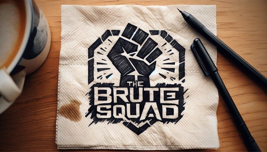 A napkin with a black and white logo design featuring a clenched fist and the text 'THE BRUTE SQUAD.' The napkin is on a wooden table, accompanied by two black pens and a cup of coffee with a visible coffee stain on the napkin.