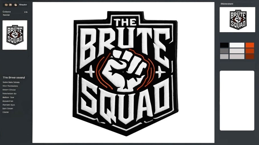 A computer screen displaying a digital proof of 'THE BRUTE SQUAD' logo featuring a clenched fist in the center, with design details and color palette options on the sides. The logo is shown in white text with orange and gray accents