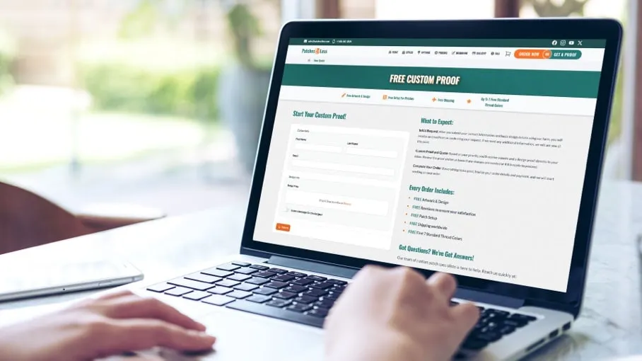 A person using a laptop to access a website offering a free custom proof service. The screen shows a form to start a custom proof and details about what to expect, including free artwork and design, free proofs, and fast turnaround times