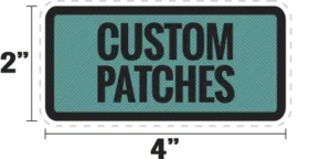 Illustration of a rectangular patch measuring 4 inches wide and 2 inches tall with the text Custom Patches in the center