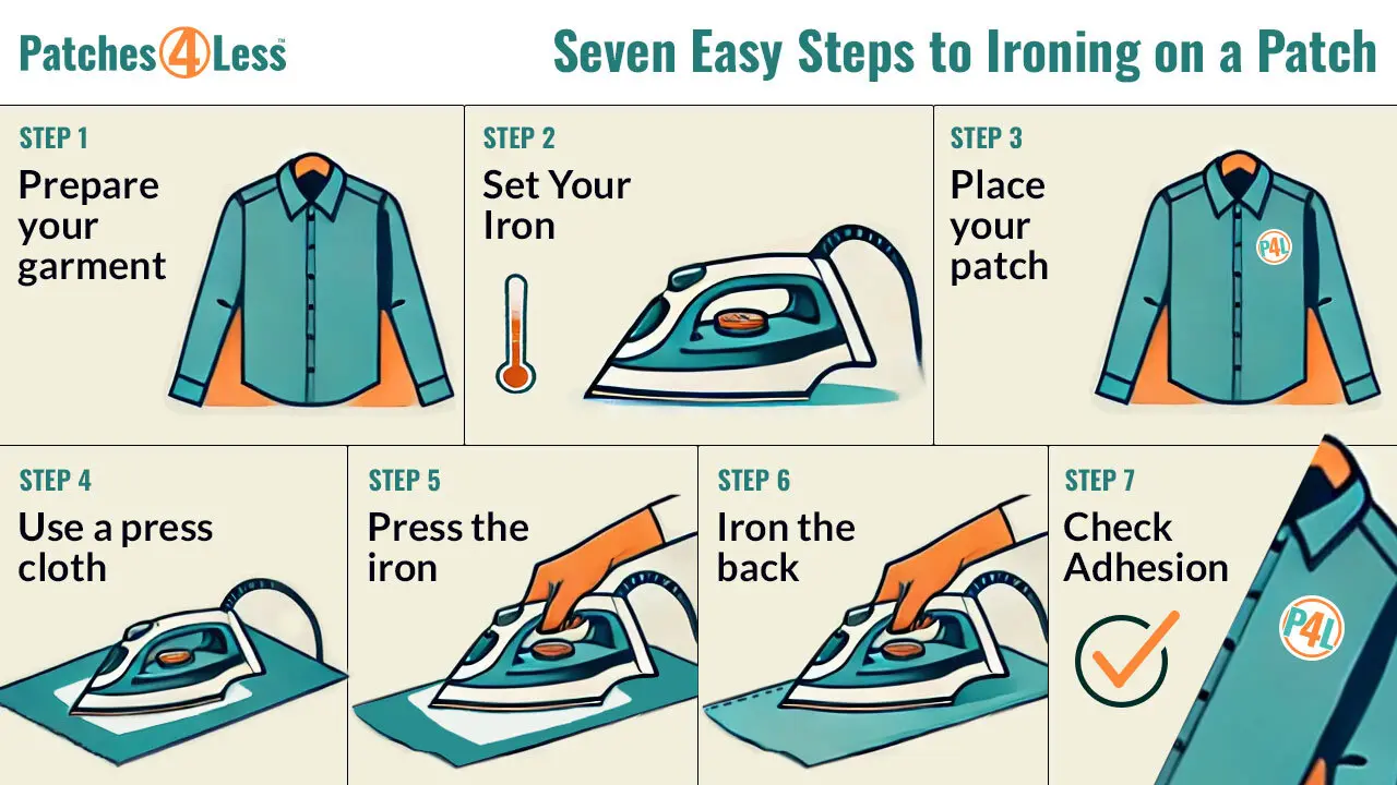  Infographic titled “Seven Easy Steps to Ironing on a Patch” by Patches4Less. Steps include: 1. Prepare your garment, 2. Set your iron, 3. Place your patch, 4. Use a press cloth, 5. Press the iron, 6. Iron the back, and 7. Check adhesion