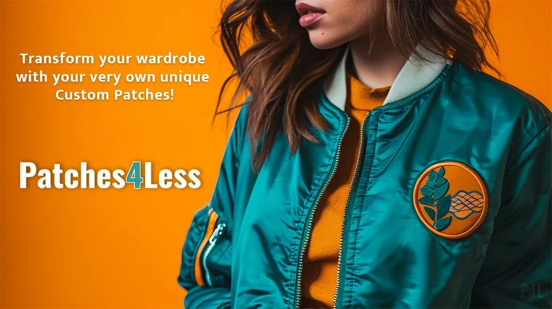 Promotional image for Patches4Less featuring a young woman in a teal bomber jacket with an orange and teal rose patch on the sleeve. The vibrant orange background complements the text 'Transform your wardrobe with your very own unique Custom Patches!'