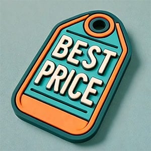 PVC patch in the shape of a price tag with the text Best Price in bold white letters, featuring a teal and orange color scheme