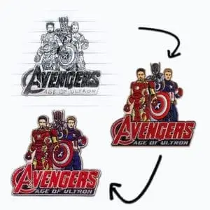 A design transformation image showing a sketch transitioning into a full-color patch. The top sketch features characters from 'Avengers: Age of Ultron' with Captain America in the forefront. Below, the colored pin reveals the characters in their iconic red, white, and blue costumes with the 'AVENGERS' logo in bold red letters.