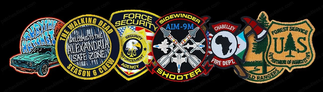 A row of six embroidered patches, each representing different fictional motifs and organizations including Ruby The Hatchet, The Walking Dead,Force Security, AIM-9M, Chabelly, Fire Dept., and U.S. Forest Service