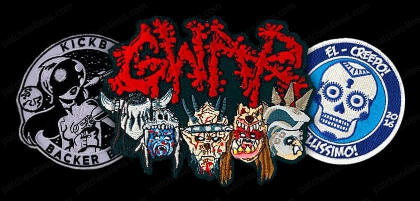 A collection of five eclectic patches including a 'Kickback Baker', a Gwar band design with in red letters and a showing the main cast, and an 'EL-Creepo 2016 Bellissimo!' patch with a blue skull. The patches feature a mix of gothic and comic styles, with black, red, and blue as prominent colors.