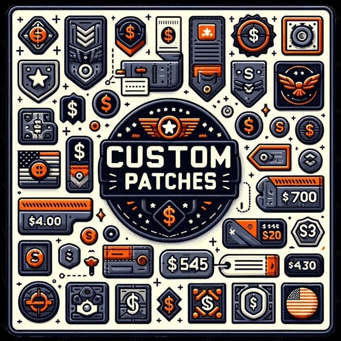 A stylized image featuring a collection of custom patch designs with price tags, centered around a large emblem that reads 'CUSTOM PATCHES.' The designs include military ranks, gaming controllers, and various badges in a striking orange, black, and white color scheme