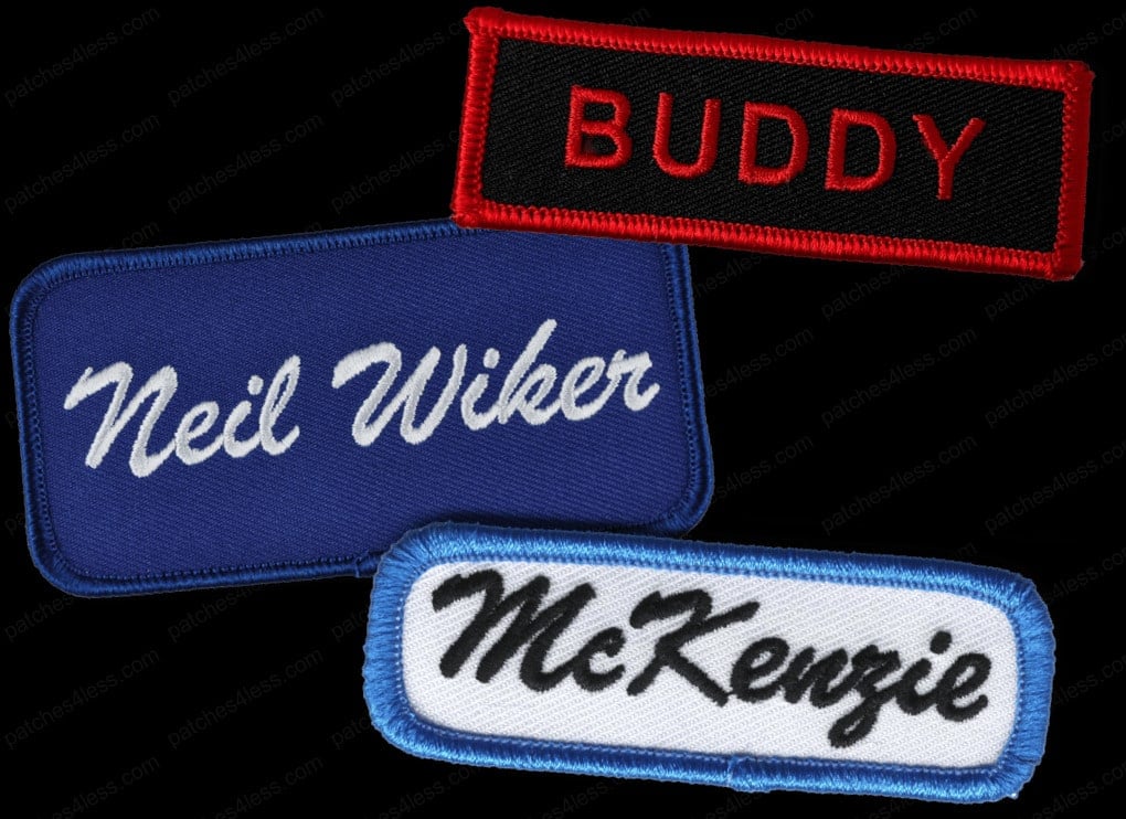 Three embroidered name patches with the names Neil Wiker, McKenzie, and Buddy