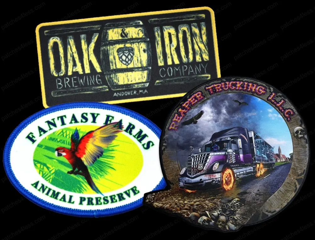 Three patches: one for Oak & Iron Brewing Company, one for Fantasy Farms Animal Preserve with a parrot, and one for Reaper Trucking LLC featuring a truck on a road with flames.