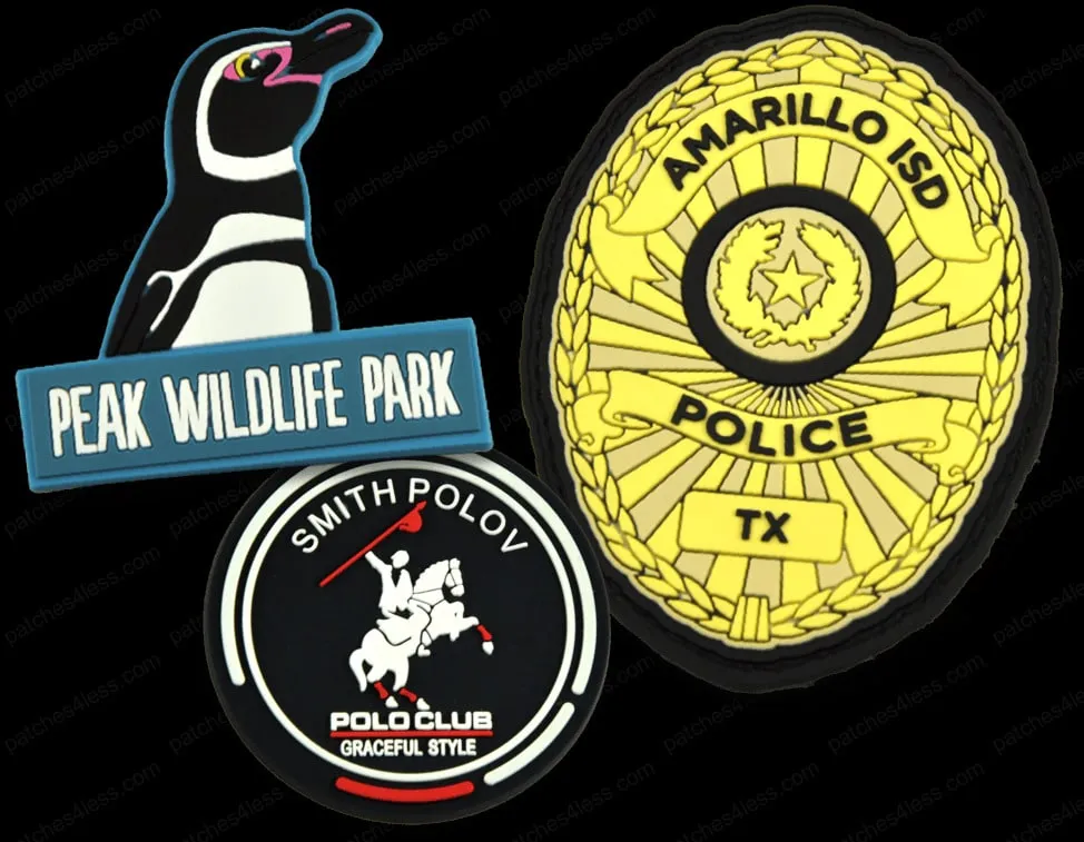 Three patches: one for Peak Wildlife Park with a penguin, one for Smith Polov Polo Club with a rider and horse, and one for Amarillo ISD Police TX in yellow and black.