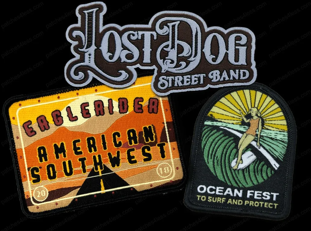 Three patches: one for Lost Dog Street Band, one for EagleRider American Southwest with a desert and road, and one for Ocean Fest To Surf and Protect with a surfer and wave.