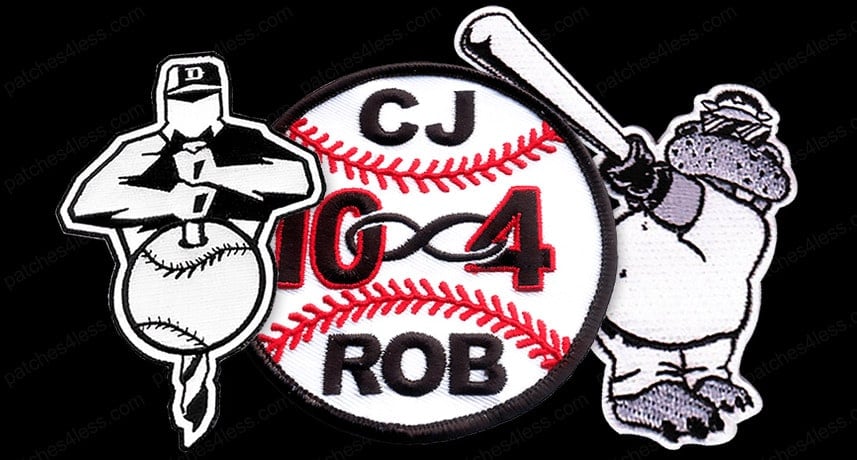 Three baseball patches. One features a player holding a bat and ball in black and white. Another is a circular patch with a baseball design and the text 'CJ', '10∞4', and 'Rob'. The third is a patch of a hippo holding a bat.
