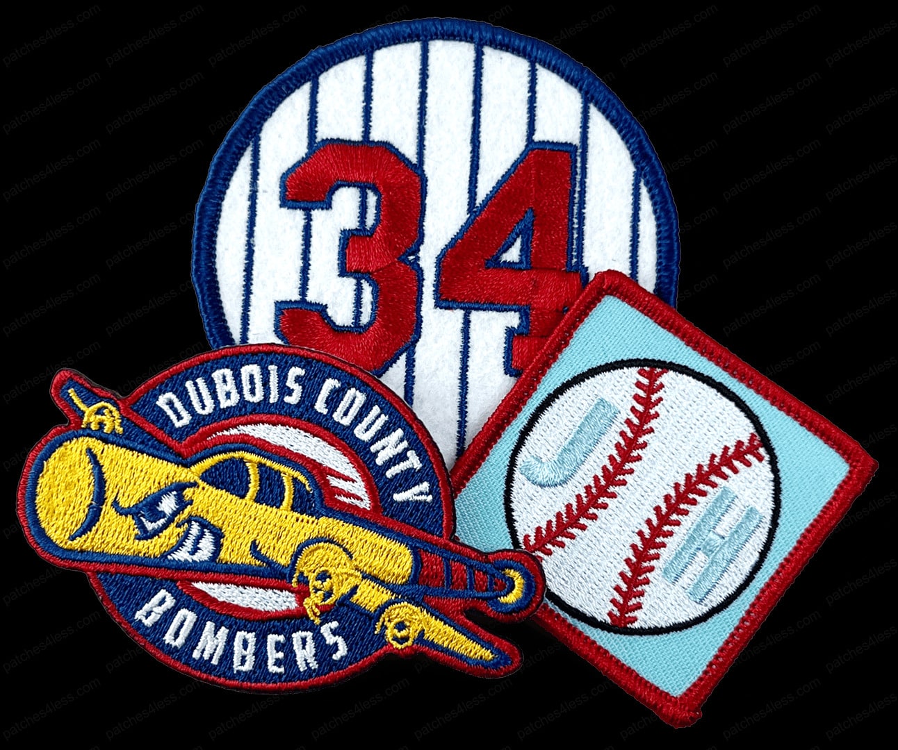 Three baseball patches. One is a circular patch with blue pinstripes and the number '34' in red. Another is a patch with a cartoon yellow airplane and the text 'Dubois County Bombers'. The third is a square patch with a baseball and the letters 'JH'.