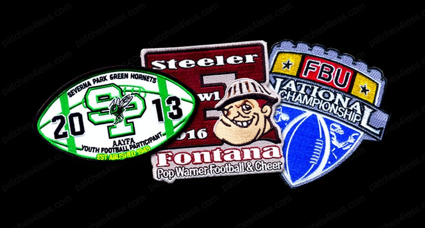 Three youth football patches. One is shaped like a football with the text 'Severna Park Green Hornets 2013', another is a rectangular patch with 'Steeler Bowl VI 2016 Fontana Pop Warner Football & Cheer', and the third is a shield-shaped patch with 'FBU National Championship' and a football icon.