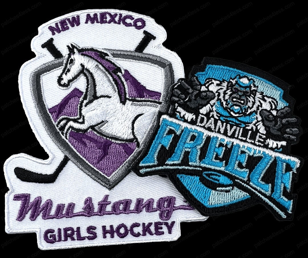 Two hockey team patches. One features a white horse on a purple shield with the text 'New Mexico Mustang Girls Hockey'. The other shows a yeti-like creature with the text 'Danville Freeze'.