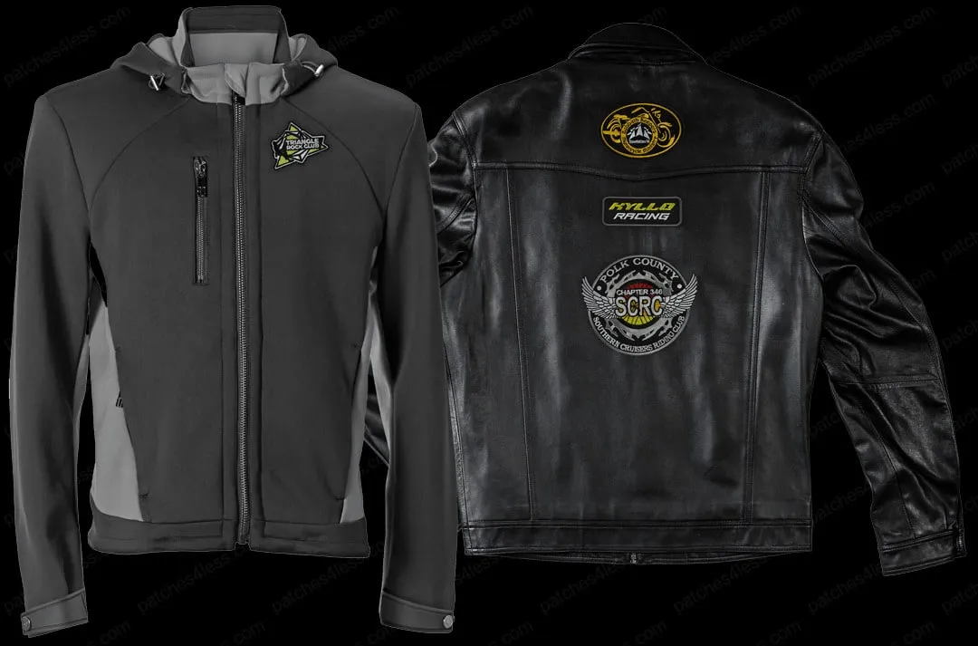 Two jackets: one gray jacket with a Triangle Rock Club logo patch on the front, and one black leather jacket with multiple patches including Kyllo Racing and Polk County SCRC.