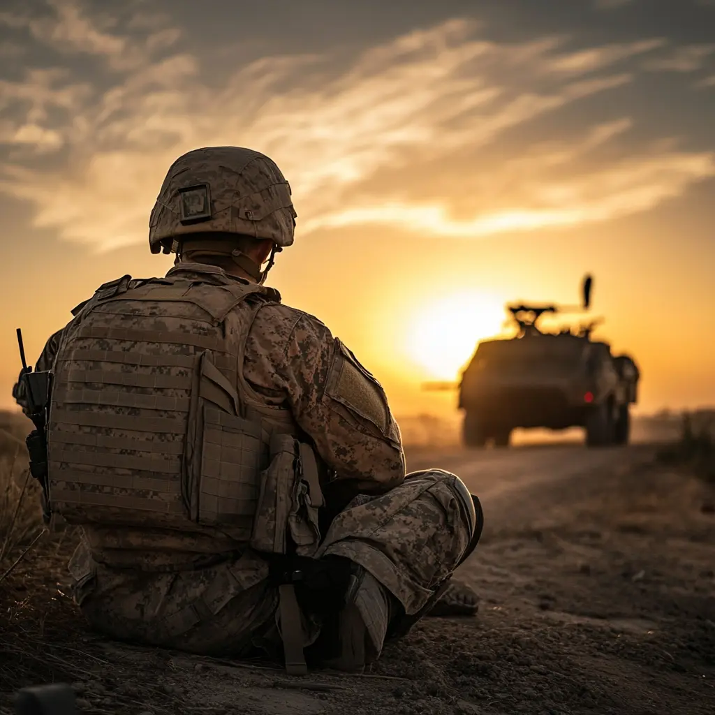 A soldier in full tactical gear sits on a dirt road, watching an armored vehicle drive into the sunset, with a dramatic sky in the background.