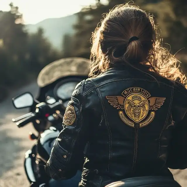 A woman with her hair tied back, wearing a leather biker jacket adorned with a large patch featuring a winged tiger emblem and the text “No Claim Life,” sits on a motorcycle facing a winding road with a forested background.