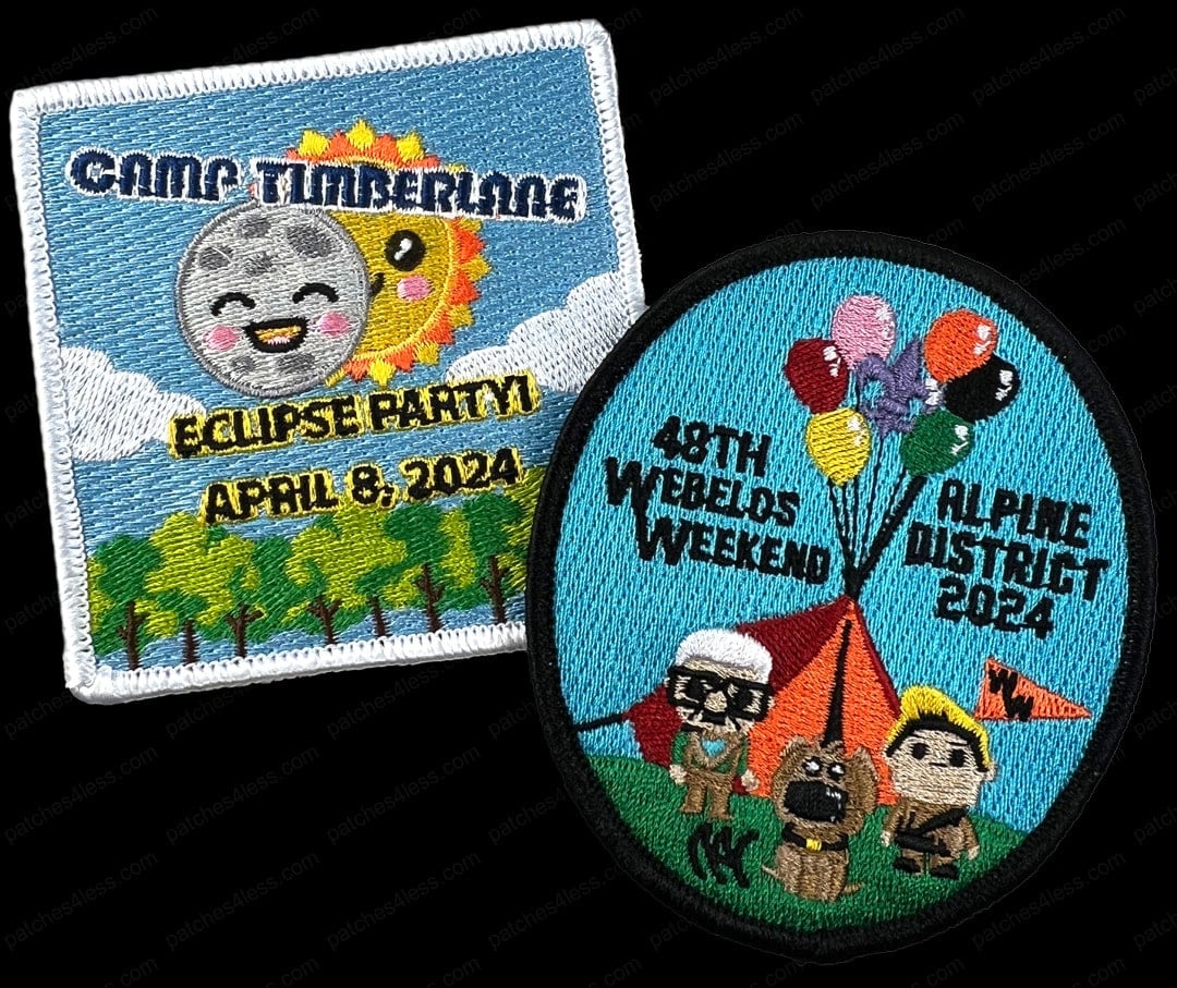 Two scout event patches. One is a square patch with a smiling moon and sun, the text 'Camp Timberline Eclipse Party April 8, 2024'. The other is a circular patch with a tent, balloons, and characters, with the text '48th Webelos Weekend Alpine District 2024'.