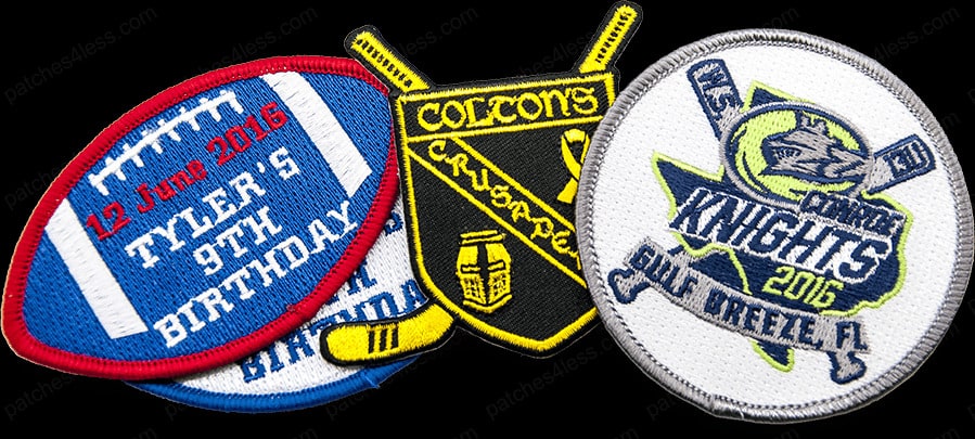 Three sports patches. One is shaped like a football with the text '12 June 2016 Tyler's 9th Birthday', another is a shield-shaped patch with crossed bats and the text 'Coltons Crusaders', and the third is a circular patch with the text 'Knights 2016 Gulf Breeze, FL' featuring a hockey stick and puck.