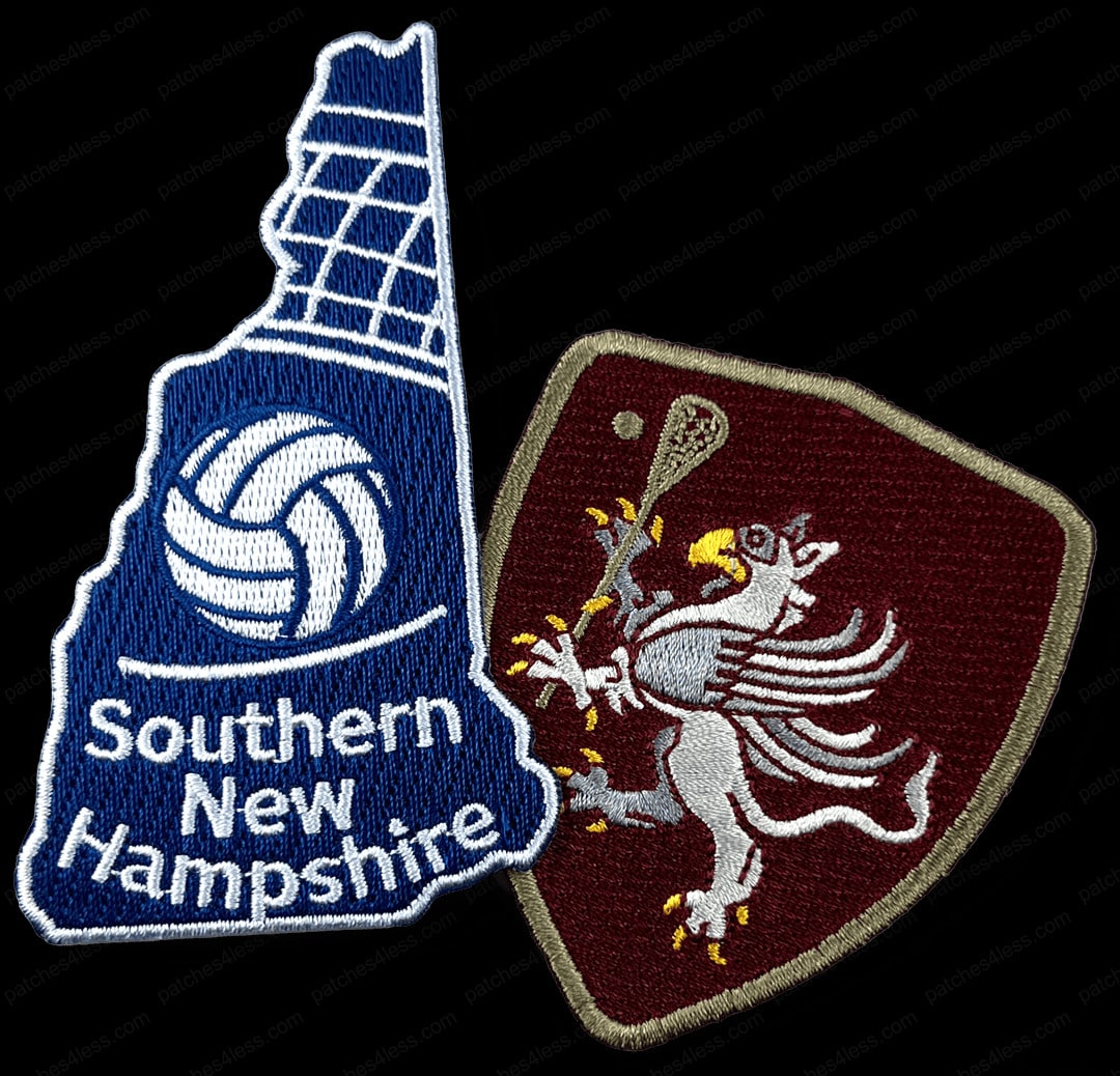 Two sports patches. One is shaped like the state of New Hampshire with a volleyball and the text 'Southern New Hampshire'. The other is a shield-shaped patch with a griffin holding a lacrosse stick.