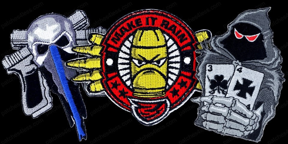 Three tactical patches. One features a skull with crossed guns and a blue line, another shows a stylized figure with a grenade and the text 'Make It Rain', and the third depicts a grim reaper holding playing cards with the numbers 3 and 4.